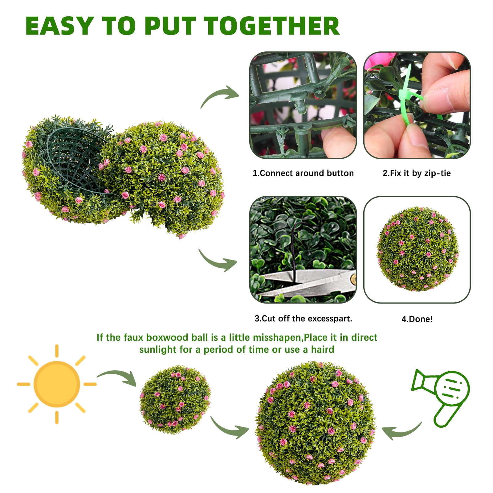 Tzou 2Pcs Artificial Boxwood Topiary Ball with Flowers, 20.5" Faux Hanging Greenery Ball for Outdoor Planters, Porch, Balcony, Home Decor