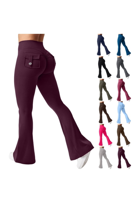 Flare Leggings for Women Butt Lift Yoga Pants with Pockets Gym Scrunch Workout Wine M