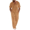 thumbnail image 2 of Men's 2 Piece Hooded Short Sleeve Shirt And Long Pants Set, Linen Textured Casual Outfit With Chest Pocket, Breathable Summer Beach Wear For Vacation And Loungewear,Earthy Yellow,M, 2 of 6