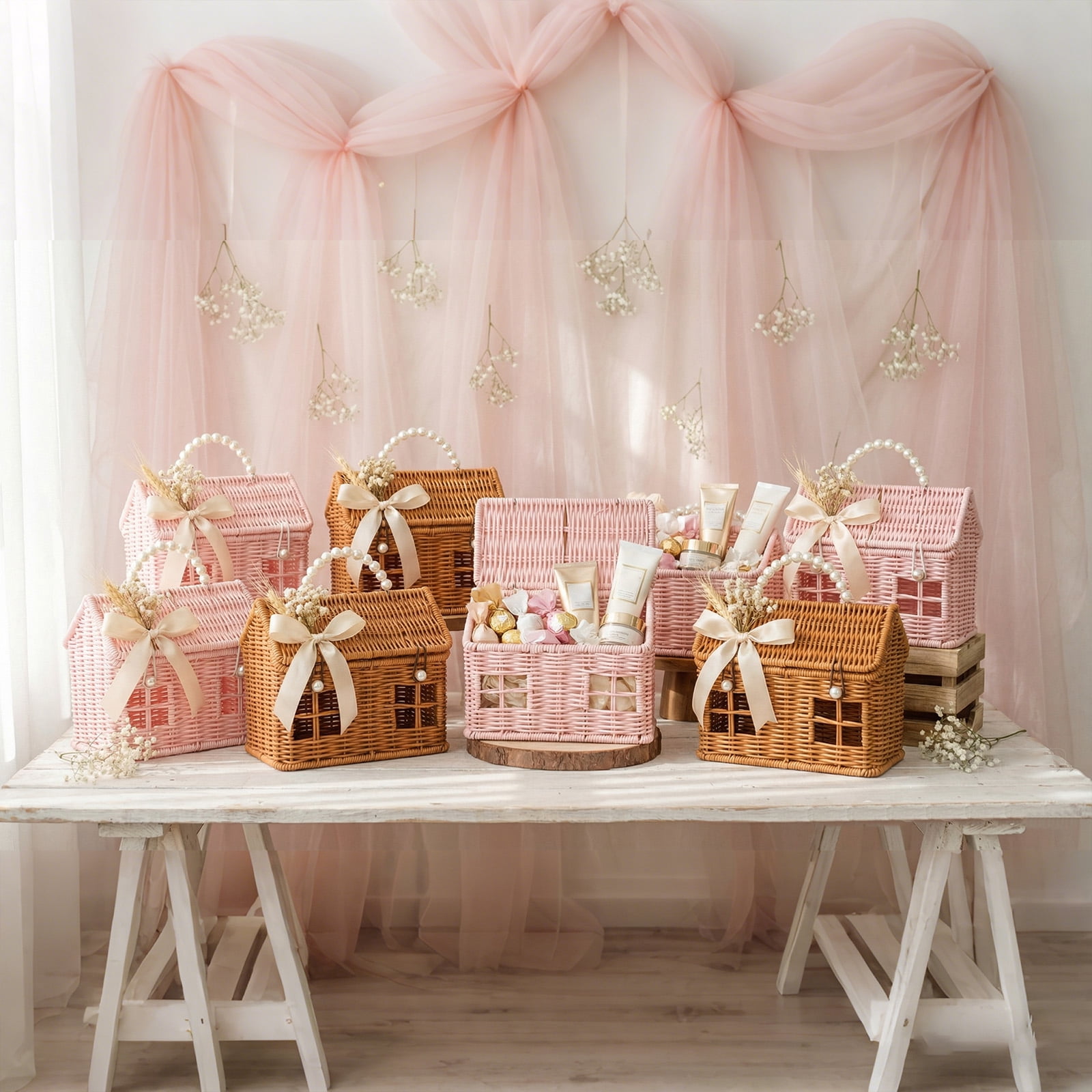 9.3'' Easter House-Shaped Rattan Gift Basket with Lid - Whimsical Woven Picnic & Harvest Basket with Handle, Charming Fairy Cottage Storage for Easter Eggs, Toys, and Spring Holiday Decor(Pink)