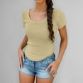 thumbnail image 2 of Women's T Shirts Ladies Short Sleeve Scoop Neck Ribbed Slim Fit Basic T Shirt Oversized Tshirts Khaki L, 2 of 4