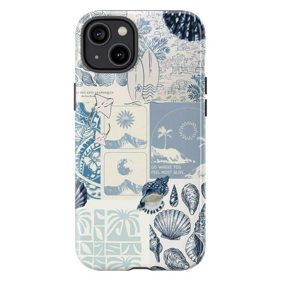 Beach Vibes Phone Case for iPhone 16 15 14 13 12 11 Pro Max, Coastal Collage Design with Seashells, Surfboards & Inspirational Quote