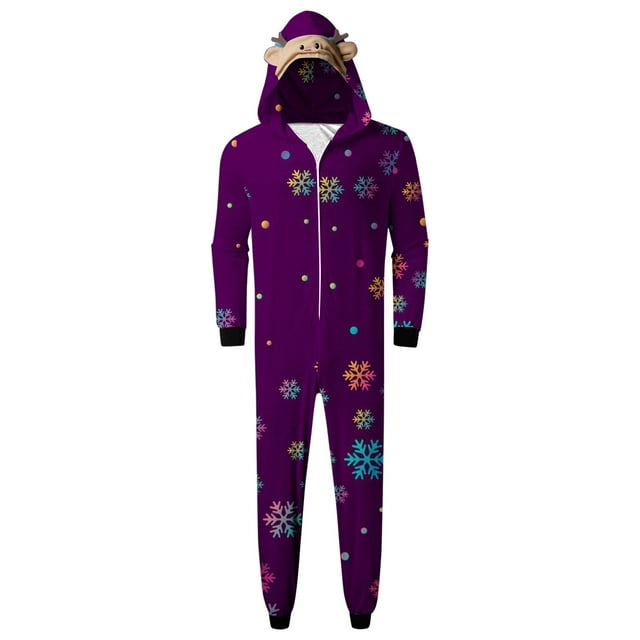 TIMIFIS Pyjamas de Noël pour Hommes Assortis Combinaison à Capuche de Noël Pyjamas Mignons Flocon de Neige Imprimé Arbre de Noël Combinaison à Manches Longues Tenue de Nuit