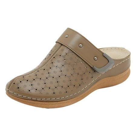 

MIASHUI Women Mules Shoes Comfortable Arch Support Closed Toe Sandals Backless Low Wedge on Shoes Khaki 7