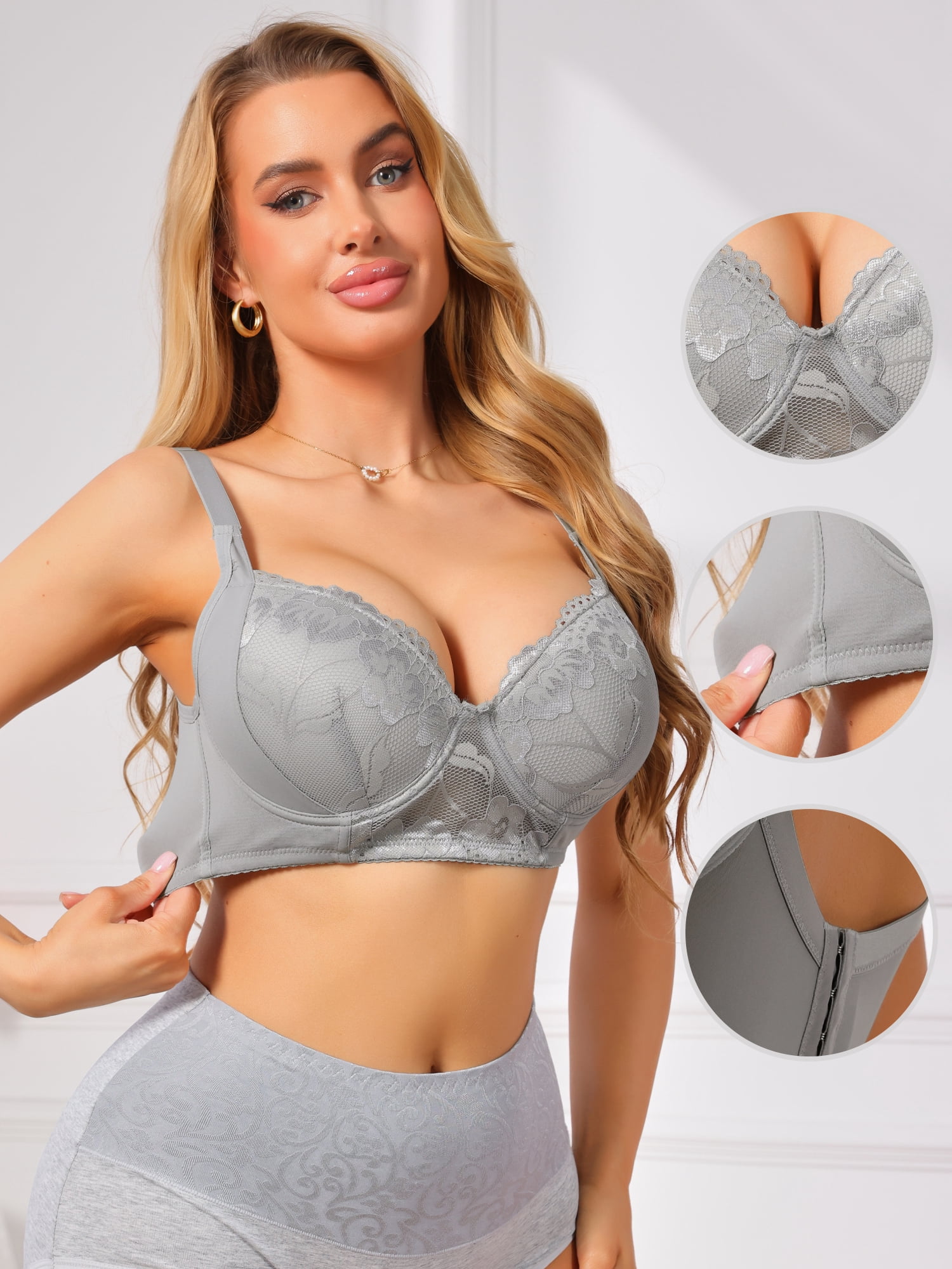 DARING DIVA Women's Lace Underwire Full Coverage with 5 Row Back Closure B 40 Gray
