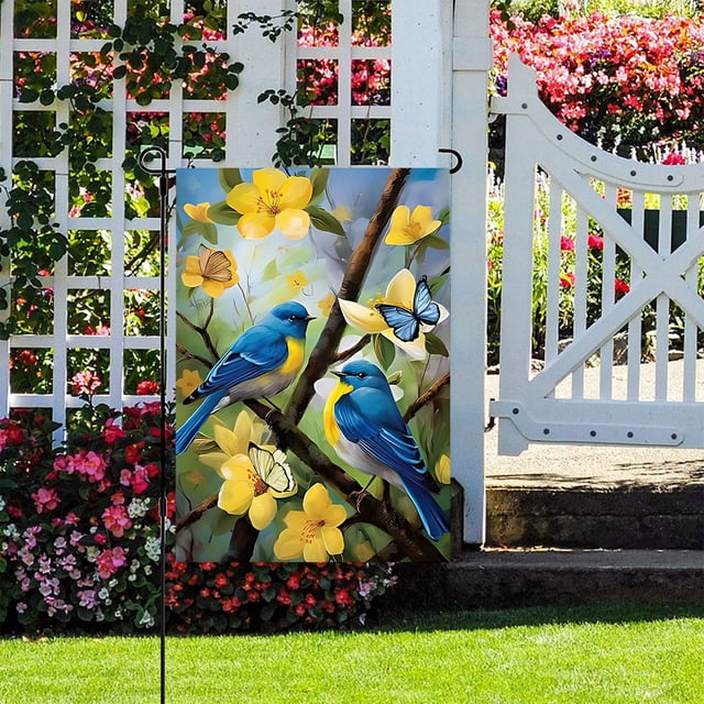 Summer House Flag, Double Blue Bird Garden Flag, Floral Bird Porch Outdoor Decorative Flag, Durable Polyester Material, Easy Hang, for Patio Home Garden, High-Quality Printing,