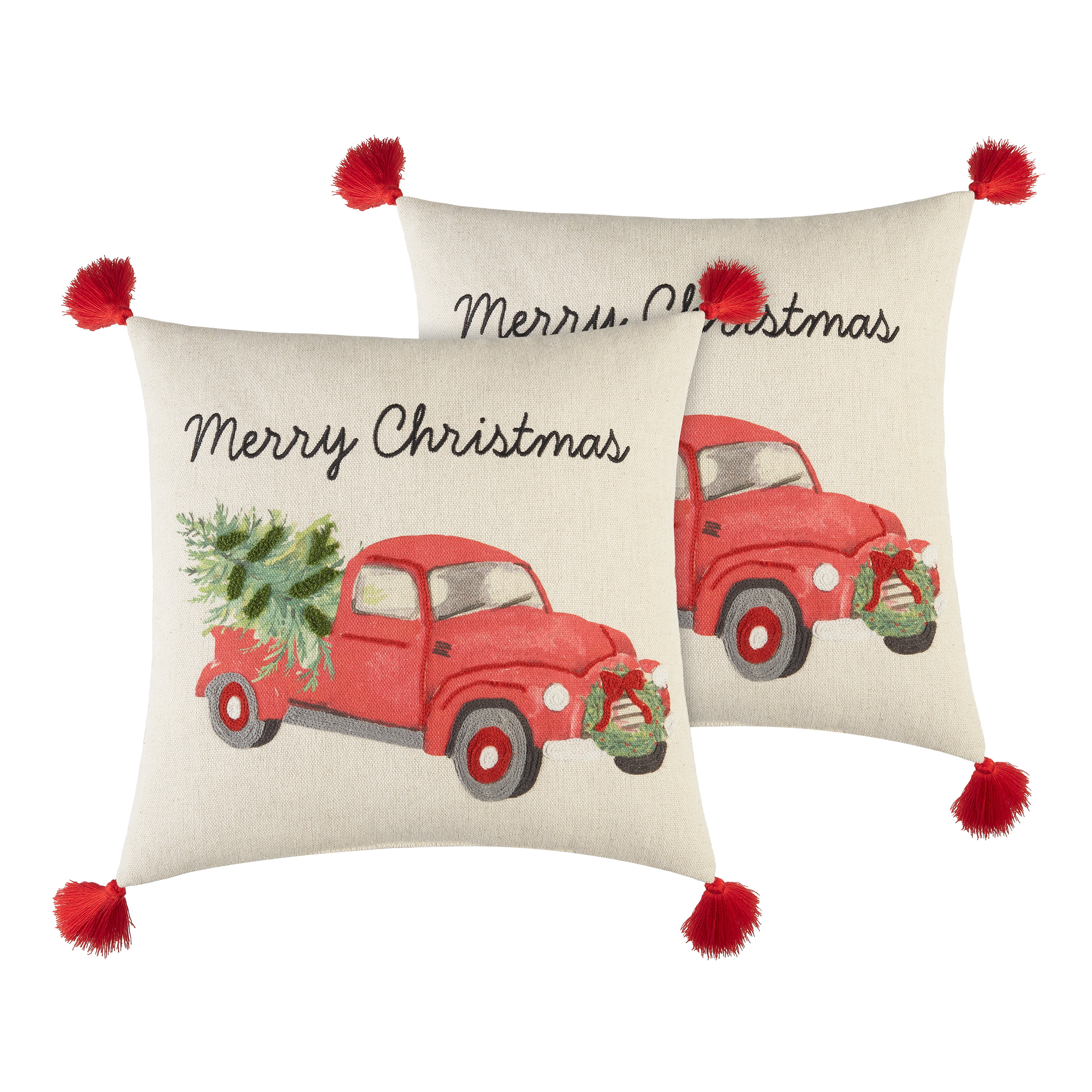 Holiday Time Merry Christmas Antique Red Truck Tasseled Throw Pillows ...