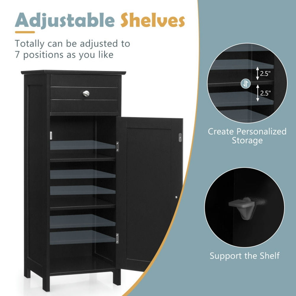 Finihen Storage Cabinet, Floor Cabinet, Wooden Storage Free-Standing Floor Cabinet with Drawer and Shelf, for Bathroom, Living Room, Bedroom, Kitchen, Black