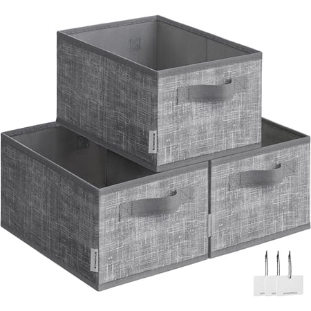 SONGMICS Storage Baskets, Set of 3 Fabric Storage Bins, 11.8 x 7.9 x 5.9 Inches, Foldable Closet Organizer for Shelves, 2 Handles, Label Holders, for Bedroom, Living Room, Cattail Gray UROB415G01