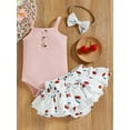 thumbnail image 2 of Seyurigaoka 3Pcs Baby Girls Summer Sets, Solid Color Romper + Fruit Print Skirt Hem Shorts + Headdress, 2 of 8