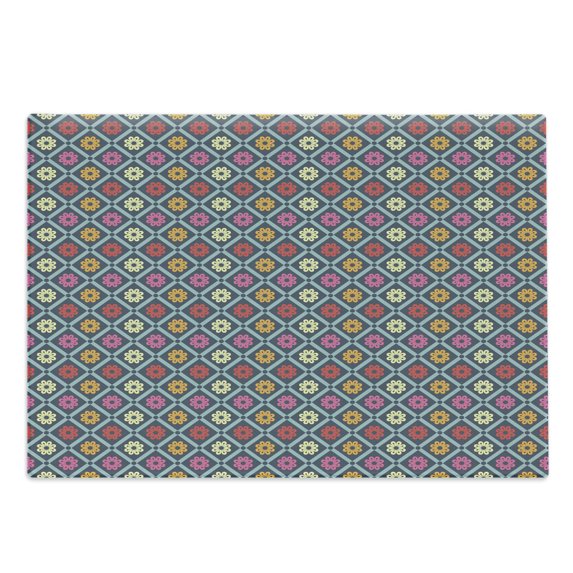 Colorful Cutting Board, Diagonal Checkered Pattern with Daisy Blossoms Inside Retro Effect Simple Tile, Decorative Tempered Glass Cutting and Serving Board, Large Size, Multicolor, by Ambesonne