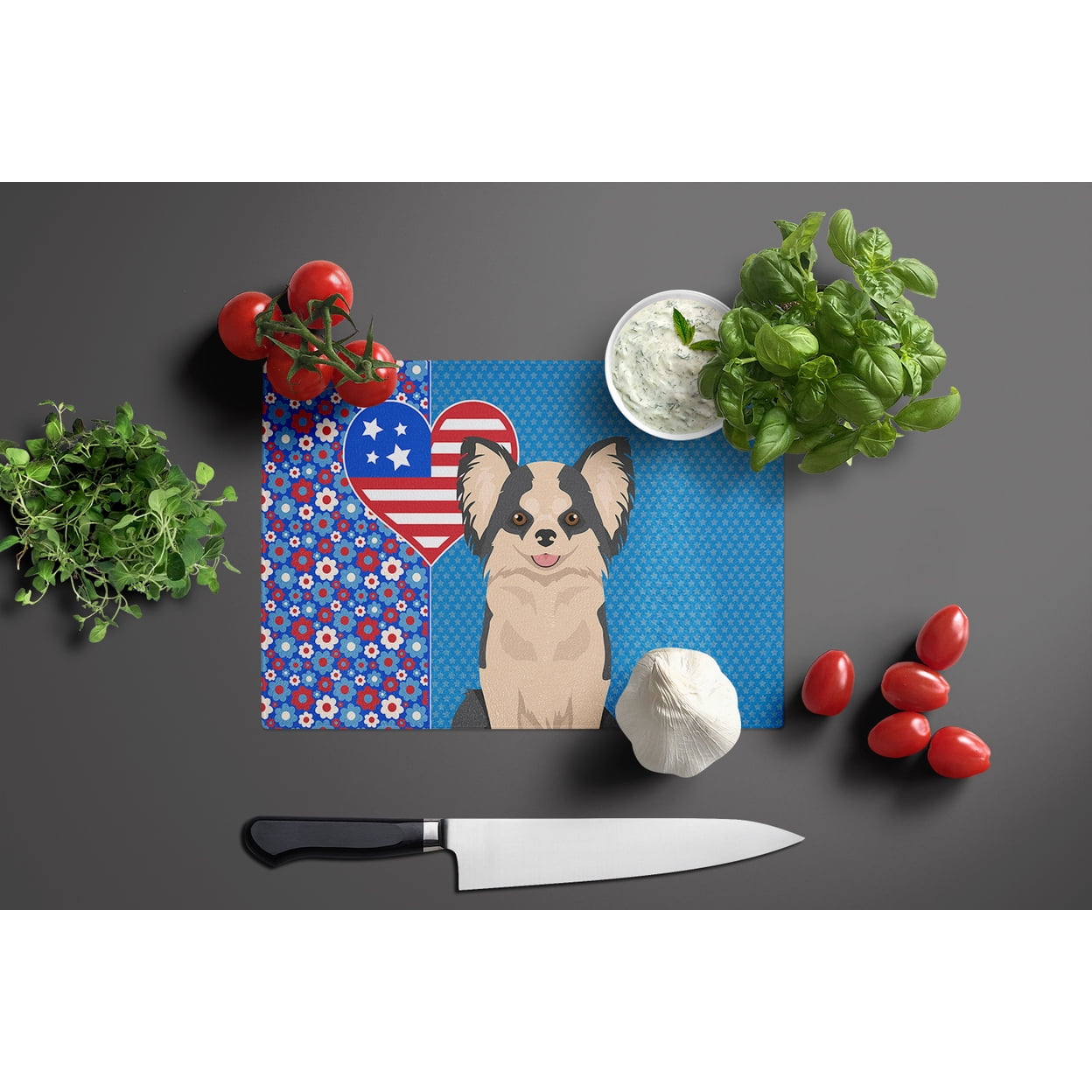 Longhaired Black and White #2 Chihuahua Glass Cutting Board Large 12 in x 15 in