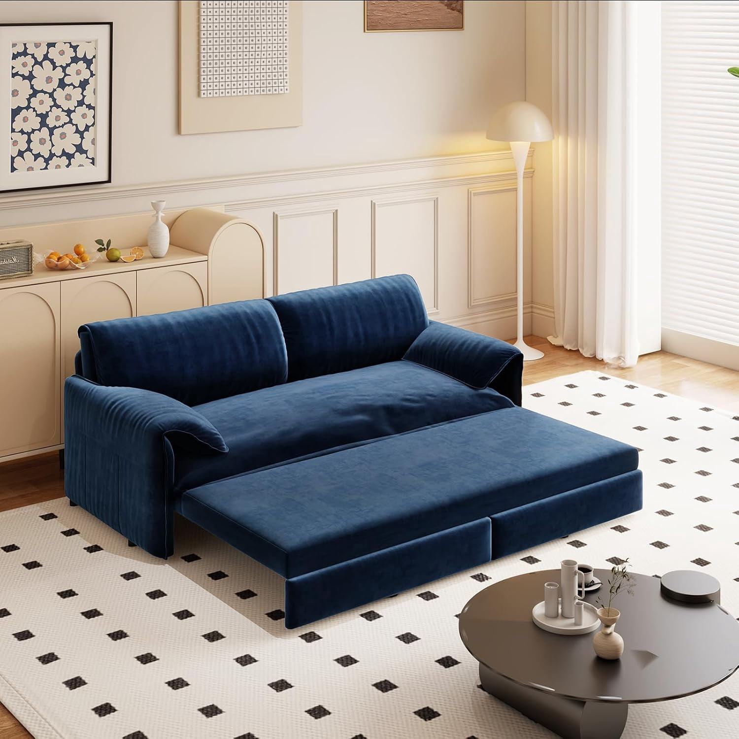 66" Queen Pull Out Sleeper Sofa, 3‑in‑1 Velvet Convertible Loveseat with Side Storage for Apartment Bedroom