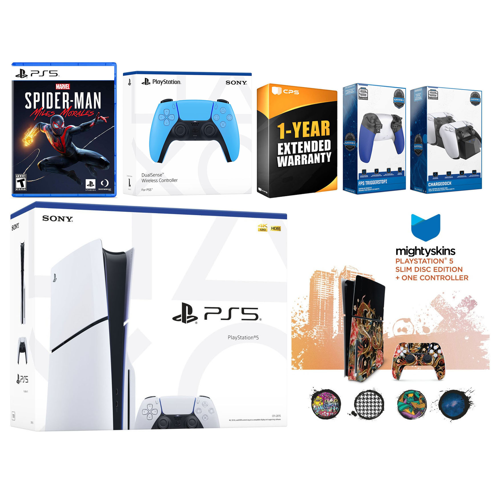 Sony Playstation 5 Slim Disc with Spider-Man: Miles Morales, Extra Starlight Blue Controller, Trigger Stop Kit, Charge Dock and MightySkins Decal Voucher + 1 Year CPS Extended Warranty
