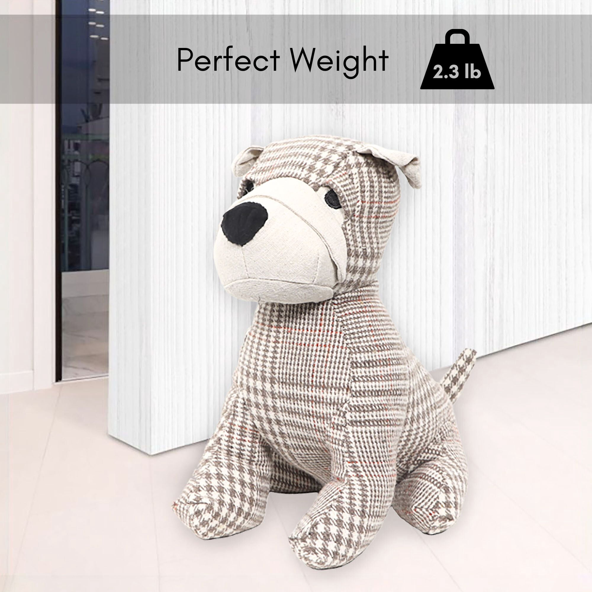 Decorative Dog Door Stop - 2.3 lb. Weighted Door Stopper for Living Room, Bedroom or Office - Adorable Puppy Design with Beige Tartan Fabric - Durable and Stylish Door Holder