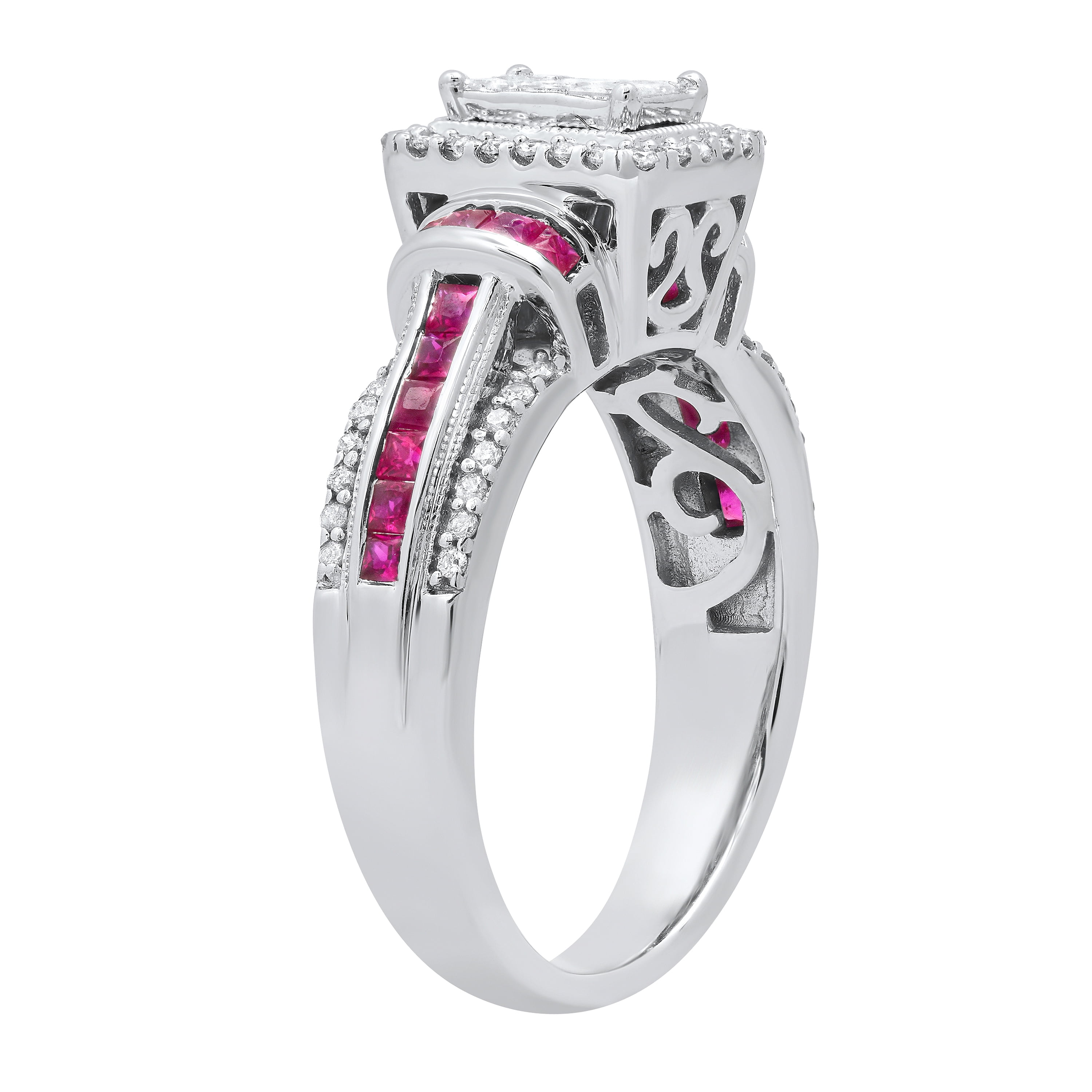 Dazzlingrock Collection Princess Ruby with Round & Princess White Diamond Engagement Ring for Women (0.50 ctw, Color I-J, Clarity I2-I3) in 925 Sterling Silver, Size 7.5