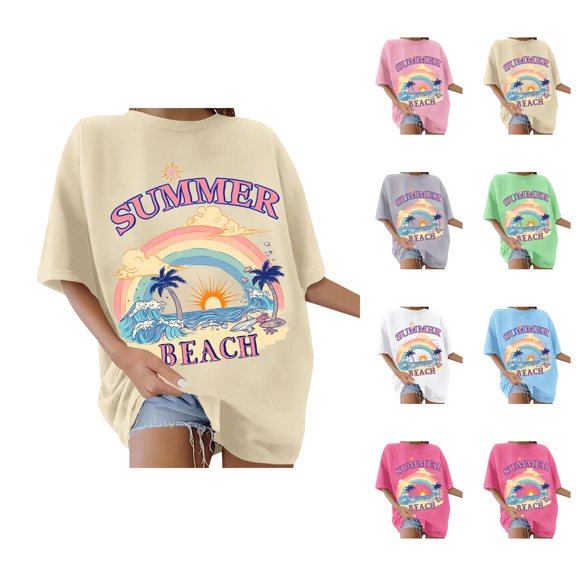 Oversized Tshirts for Women Short Sleeve Crewneck Tee Summer Casual Womens Graphic T Shirts Beach Tops