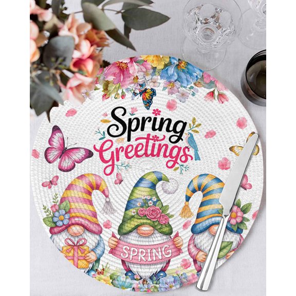 15 Inch Round Placemats Set of 4, Spring Gnomes Non Slip Heat Insulation PP Table Mats, Colorful Flowers Watercolor Butterfly Floral Plant Washable Place Mats for Kitchen Dining Party Table Decor