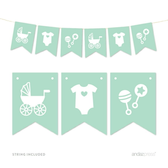 Mint Pennant Party Banner Baby Shower Rattles Carriage Onesie