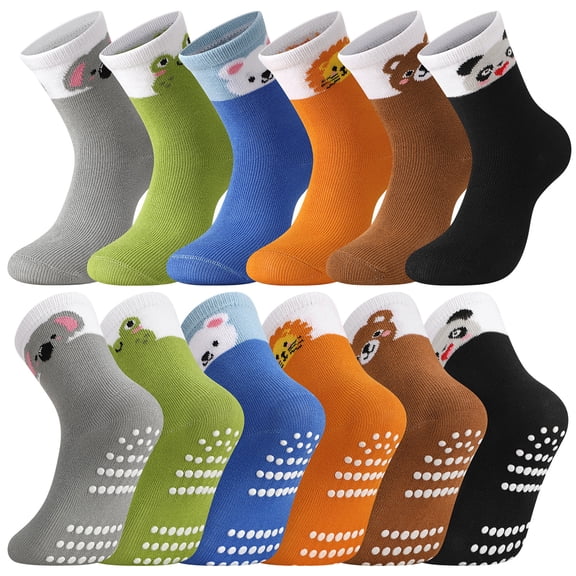 Bocaoying 6 Pairs Toddler Non-Slip Socks, Combed Cotton Crew Socks, Cute Animal Printed Socks 6 Colors for Age 1-3