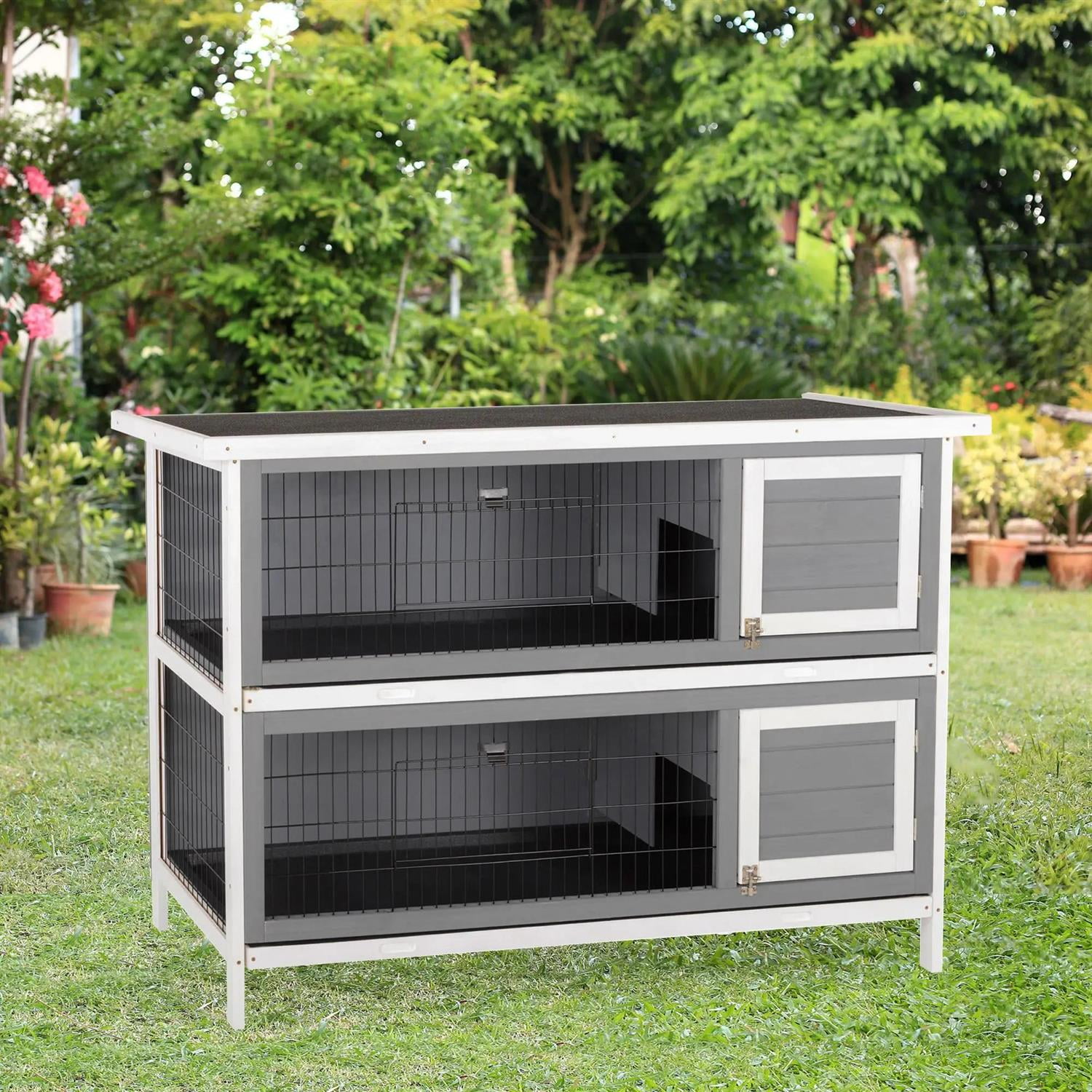 Pefilos 54" Wooden Rabbit Hutch with Enclosed Run, No Leak Tray, Outdoor Bunny Enclosure Guinea Pig Cage for Small Animals, Gray
