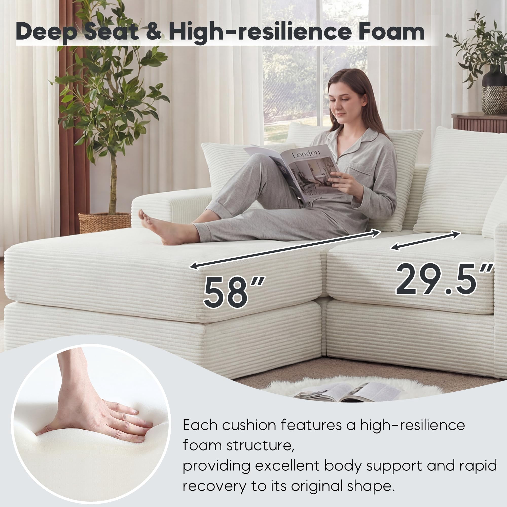 Tmsan 73.6" Modular Sectional Sofa,boneless loveseat couch with 4 Pillows,Classic L-Shape Design Convertable, for Living Room and Office,White
