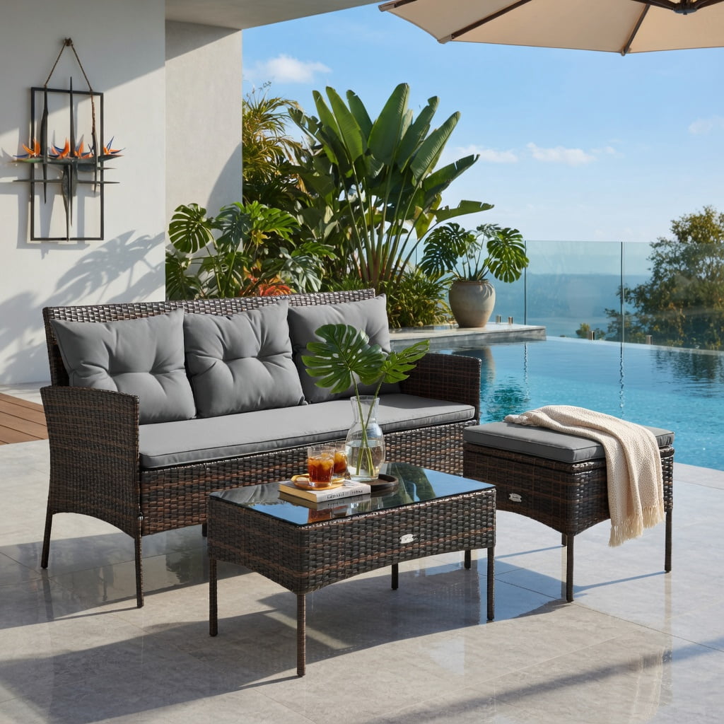 Hommoo 3-Piece Modern Outdoor Patio Sectional Set with Steel Frame, All-Weather Rattan Sofa, Ottoman & Tempered Glass Coffee Table, Includes 5 Cushions, Gray