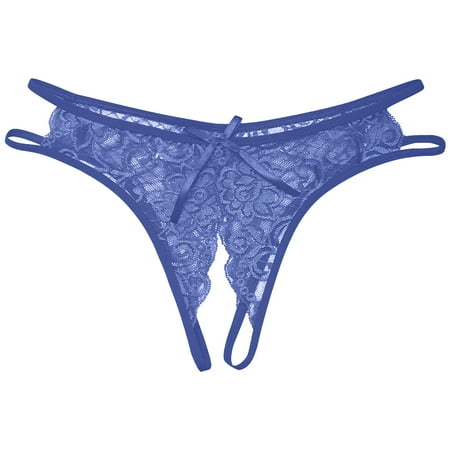Bigersell Womens Lace G-String Thongs Crotchless Lingerie Panties Underwear Cut Out Strappy Lace Briefs Womens Underpants Blue One Size