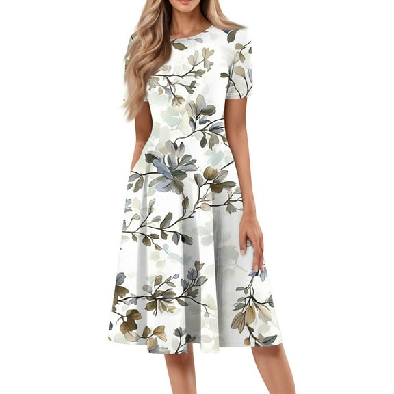 bbyeadc Summer Dresses for Women 2025 Vintage Short Sleeve Round Neck Mid-Length Dresses with Side Pocket Casual Loose A Line Dress Beach Floral Print Sundresses, Light Gray L