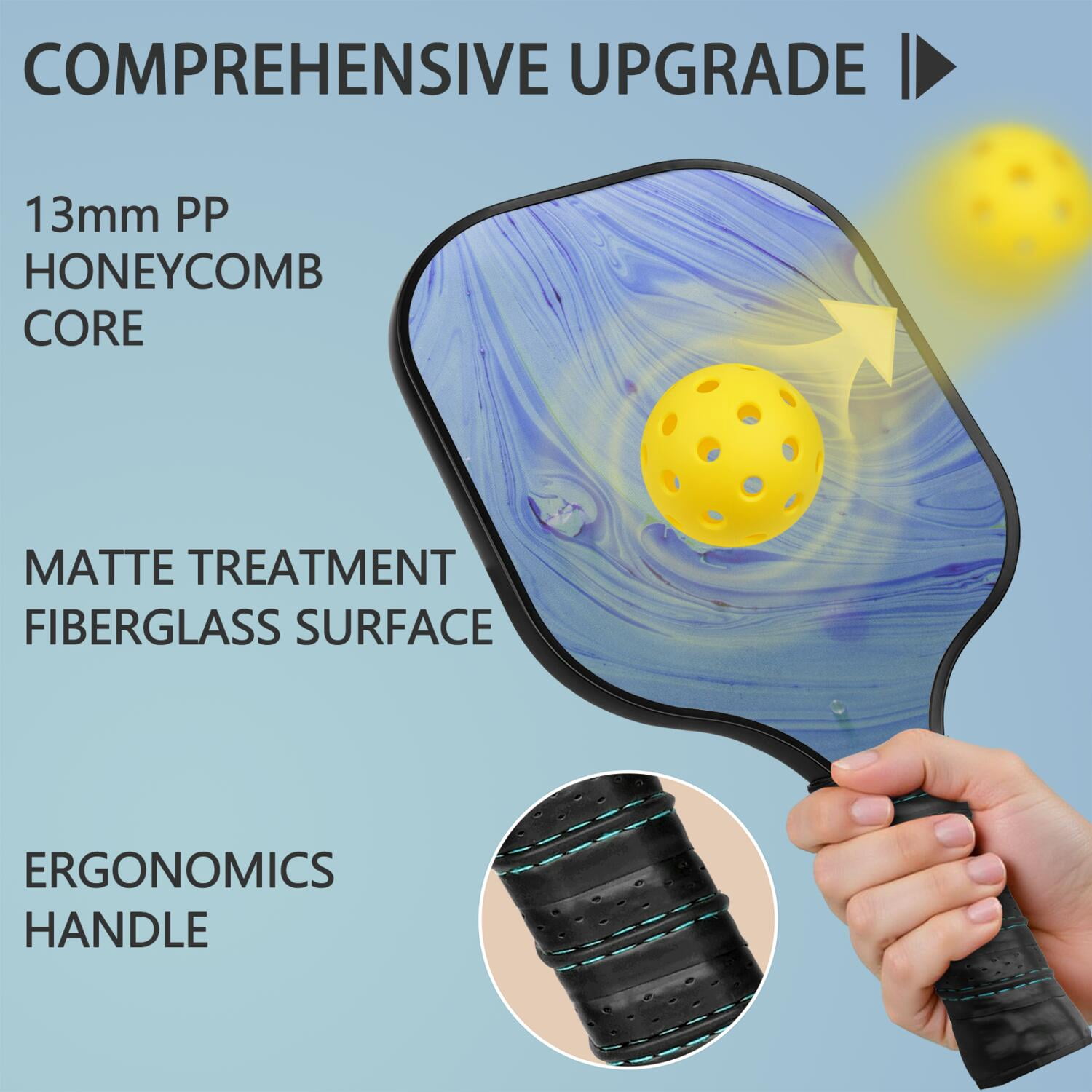 Pickleball Paddles Set Of 2, Fiberglass Surface, Liquid & Marble Print, 4 Balls & Bag