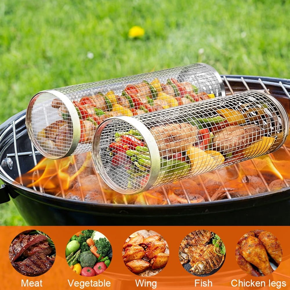 KAMIDA BBQ Rolling Grilling Baskets set for Outdoor, Grill Bbq Net Tube Stainless Steel Large Round Mesh Barbecue Cylinder Cage Cooking Accessories for Veggies Vegetable Fish Camping
