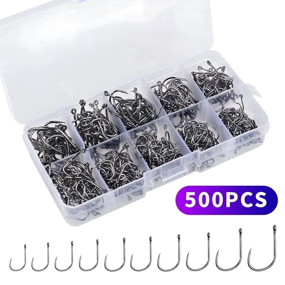 Fishing Hooks Set, Freshwater and Saltwater Bulk Fish Hooks for Gear and Supplies, 500 Pcs, 10 Size