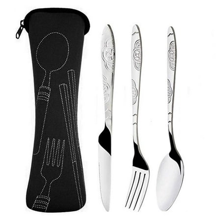 

CHAMAIR 3pcs Stainless Steel Cutlery Set Steak Knives Fork Spoon with Cloth Bag (Black)