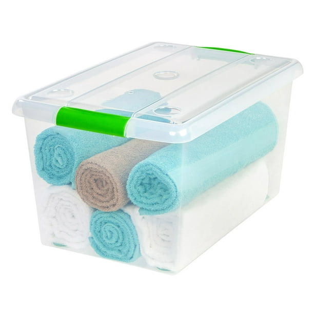 IRIS USA 61 QT Sliding Plastic Storage Box with Latches, Clear/Green, 1
