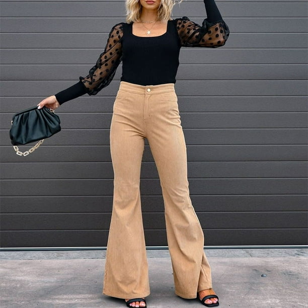 Pantalones casuales de pana con microcampana y cintura ajustada de color sólido para mujer de otoño e invierno