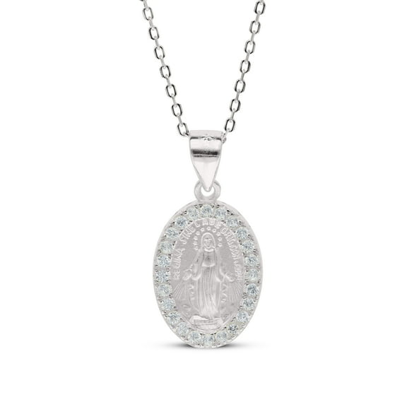 Miraculous Medal CZ Oval Virgin Mother Mary Pendent Necklace in Sterling Silver 925 All Ages Unisex