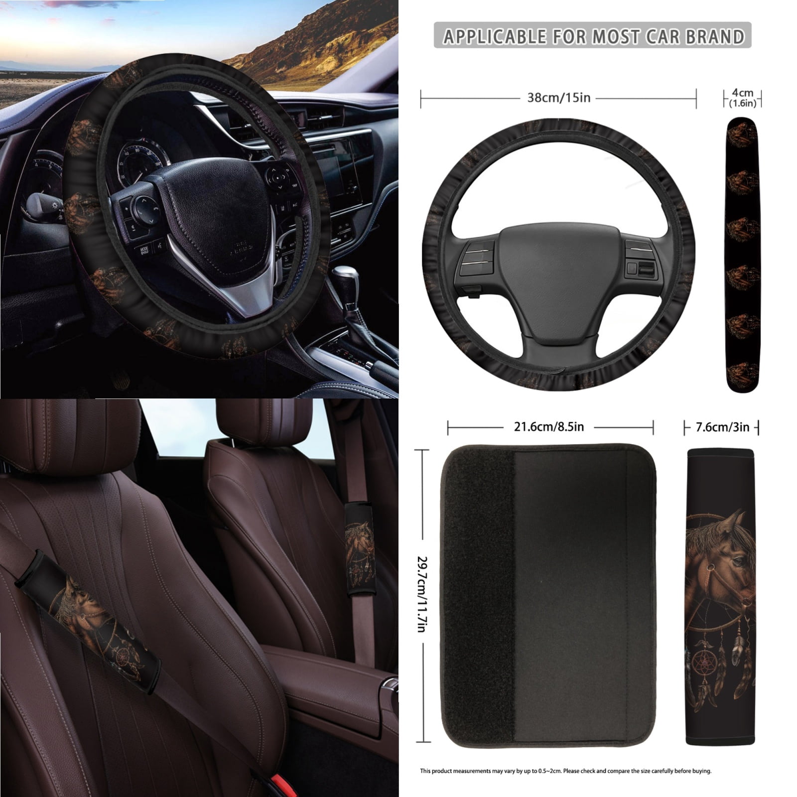 Garronmavis Dreamcatcher Horse 15 PCS Car Seat Cover Full Set Steering Wheel Cover Keychain Car Trash Can Car Dash Accessories Rearview Mirror Cover Cup Mats Easy to Install Universal Fit