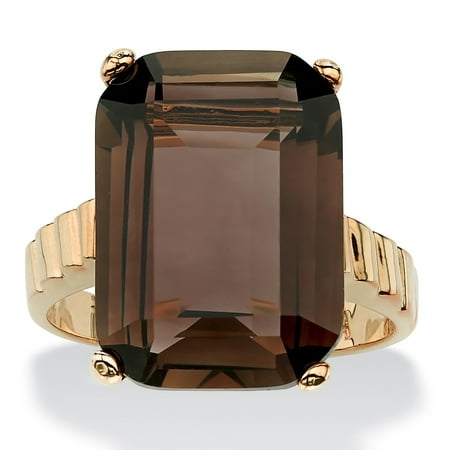 Quartz Elegant Ring - 10.75 TCW Emerald-Cut Smoky Quartz Ring in 14k Gold-Plated