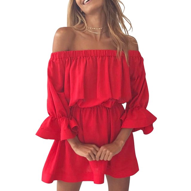 Robe Femme Épaules Dénudées Couleur Unie Manches à Volants 2 1 4 Automne Robe, Rouge, m