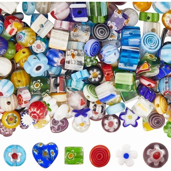 1 Box 6 Styles 180PCS Mixed Millefiori Handmade Lampwork Glass Beads with Holes Assorted Flower Heart Flat Round Shape Cube Loose Charms Bead for Jewelry Making Bracelets DIY Craft Supply