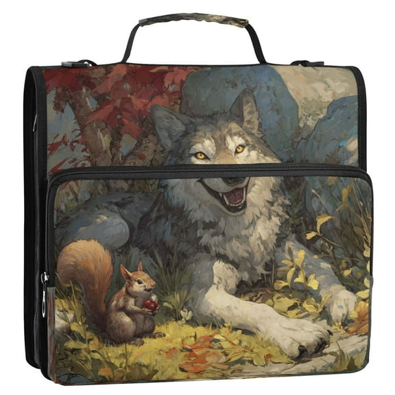 Zipper Binder 3 Rings Stationery Office Files Daily Organizer File Folder Storage Bag Gray Wolf and Squirrel