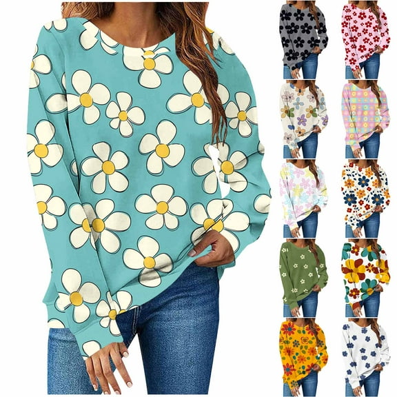 Horkkom Crewneck Sweatshirts Women Floral Print Long Sleeve Pullover Sweatshirts Casual Loose Sweatshirts L
