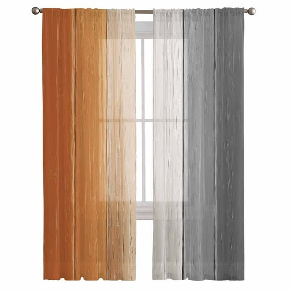 Burnt Orange Gray Ombre Semi Sheer Curtains 108 Inch Length 2 Panels Set, Vintage Farmhouse Wooden Sheer Kitchen Curtain Privacy Voile Window Curtain for Living Room Bedroom Rod Pocket Drapes