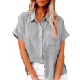 thumbnail image 2 of Bovemsi Women's Short Sleeve Cotton Linen Blouse – V-Neck Collared Plain Top with Side Pockets, Gray, XL, 2 of 6