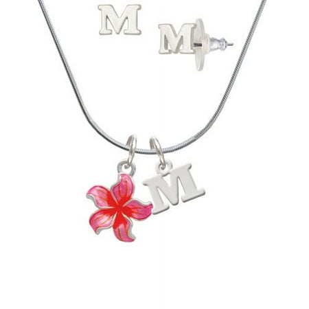 Hot Pink and Orange Plumeria Flower – M Initial Charm Necklace and Stud Earrings Jewelry Set