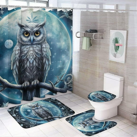 Fantasy Owl Shower Curtain Set for Bathroom 4Pcs Mystery Cool Animal Bird Retro Bathroom Sets with Rugs Toilet Lid Cover Bath Mat Shower Curtain Set with Hooks, Bathroom Decor