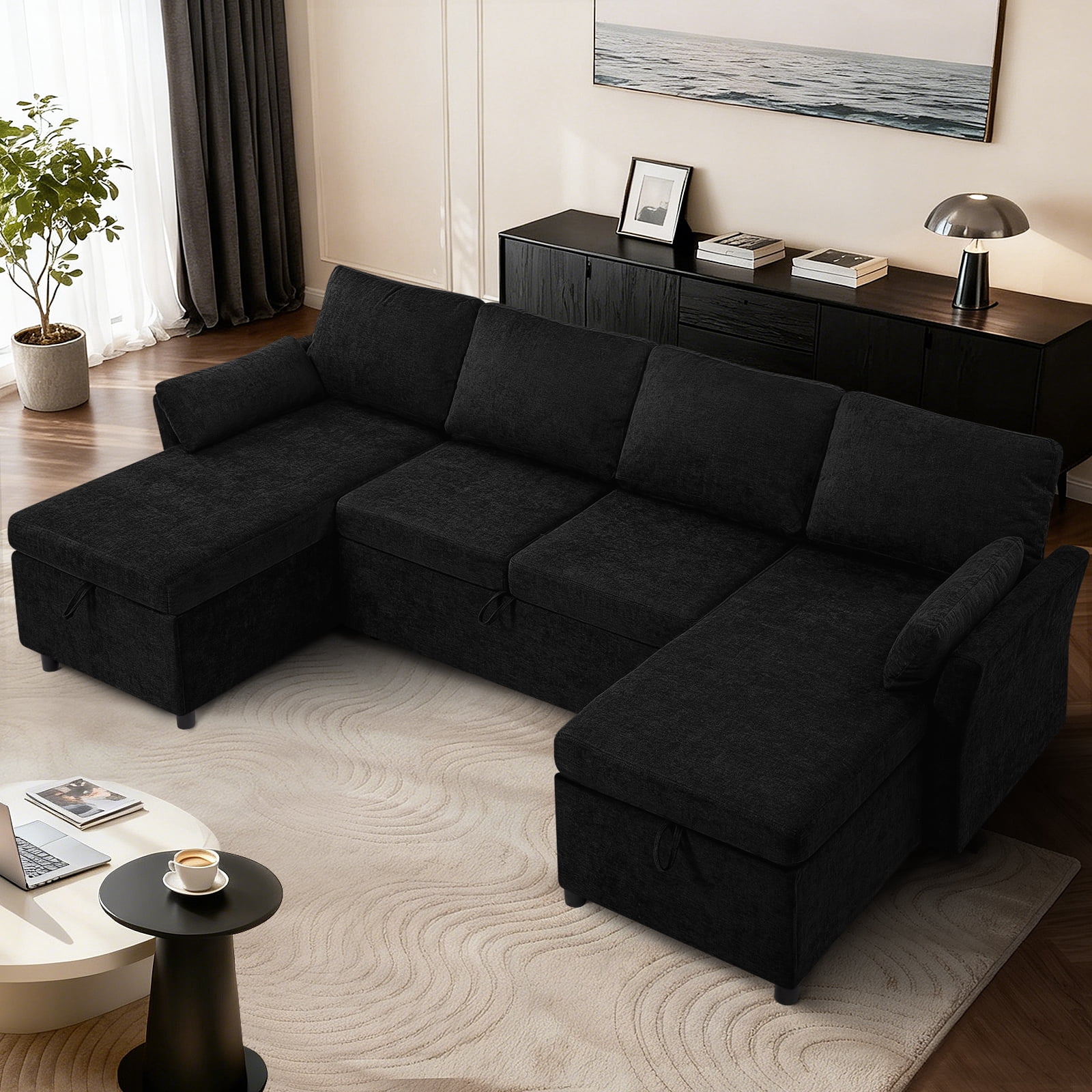 ACMEASE 107 Inches Fabric Sectional Sofa with Pull Out Sofa Bed, Modern U Shaped Sofa with Throw Pillows, Comfortable Sleeper Couch with Storage Chaise for Living Room, Black