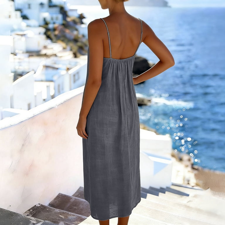 Makaor Linen Dresses for Women Casual Summer Sheath Maxi Dresses Plus Size Sleeveless Spaghetti Strap Dress Solid V Neck Empire Waist Beach Vacation Clothes Gray S