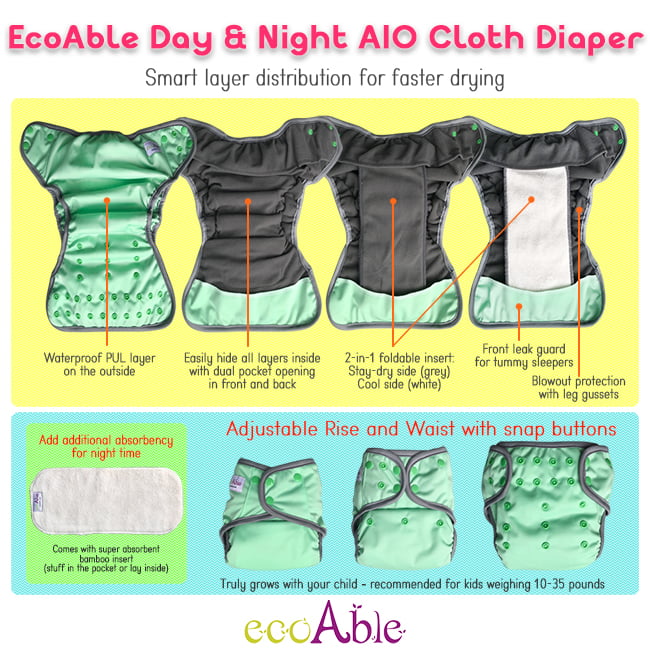 Sigzagor AIll in One Night AIO Cloth Diaper Nappy Sewn in Charcoal Bamboo Insert Reusable Washable Twinkly