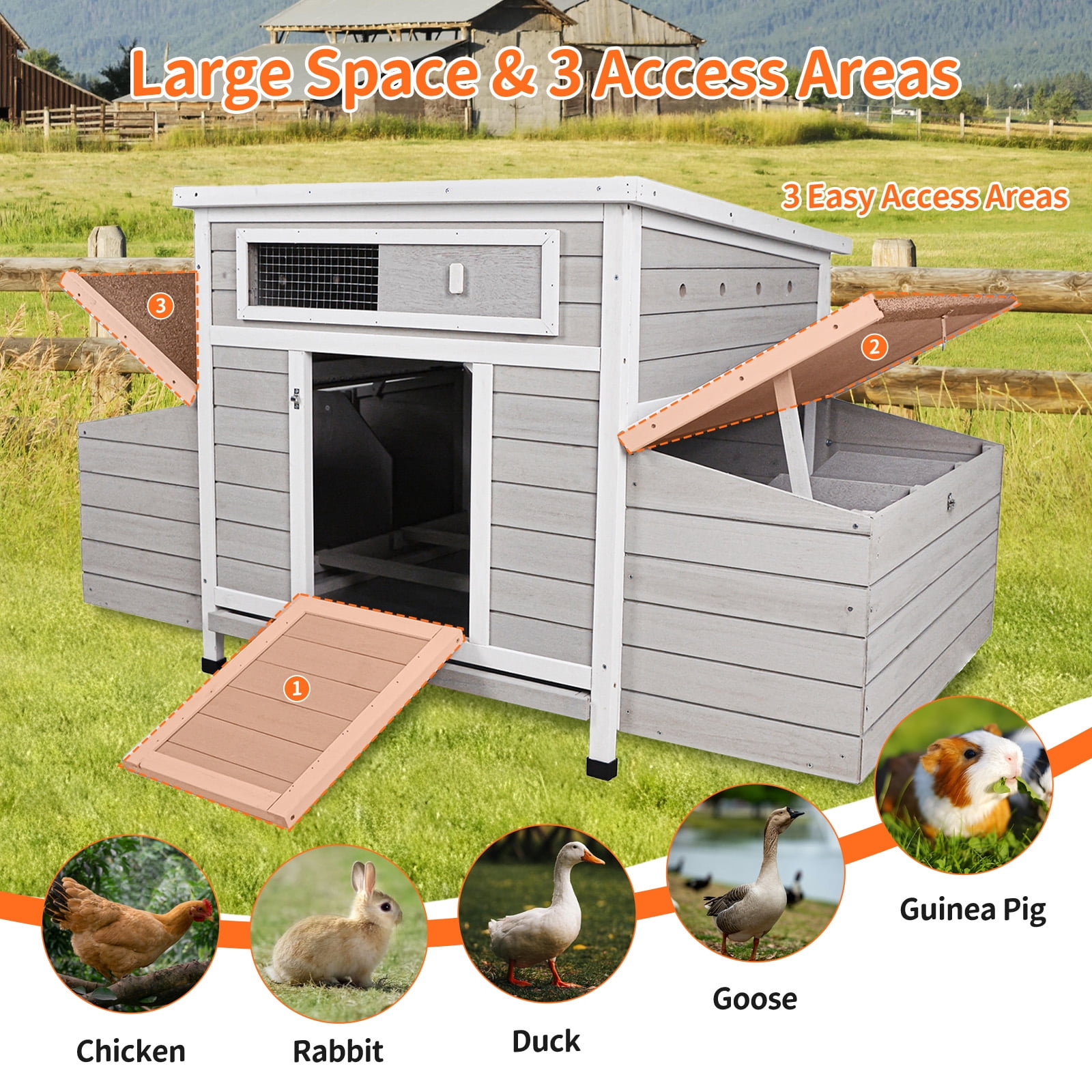 Wooden Chicken Coop with 2 Sides Nesting Boxes, Outdoor Weatherproof Hen House Poultry Cage, Ventilated Predator-Proof Chicken Hutch with Secure Latches for Backyard Farm